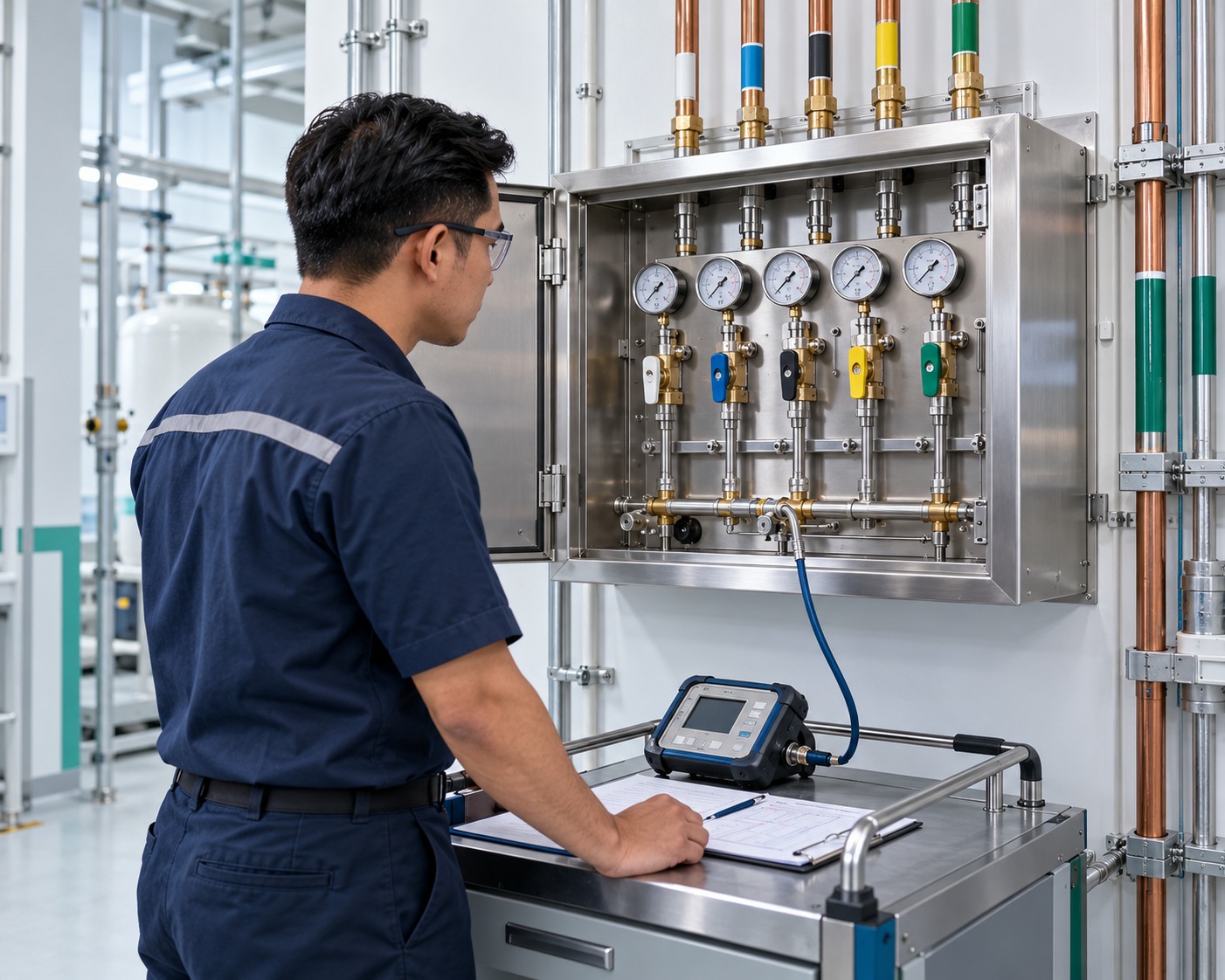 Illustration of an engineer inspecting medical gas valves and pressure gauges