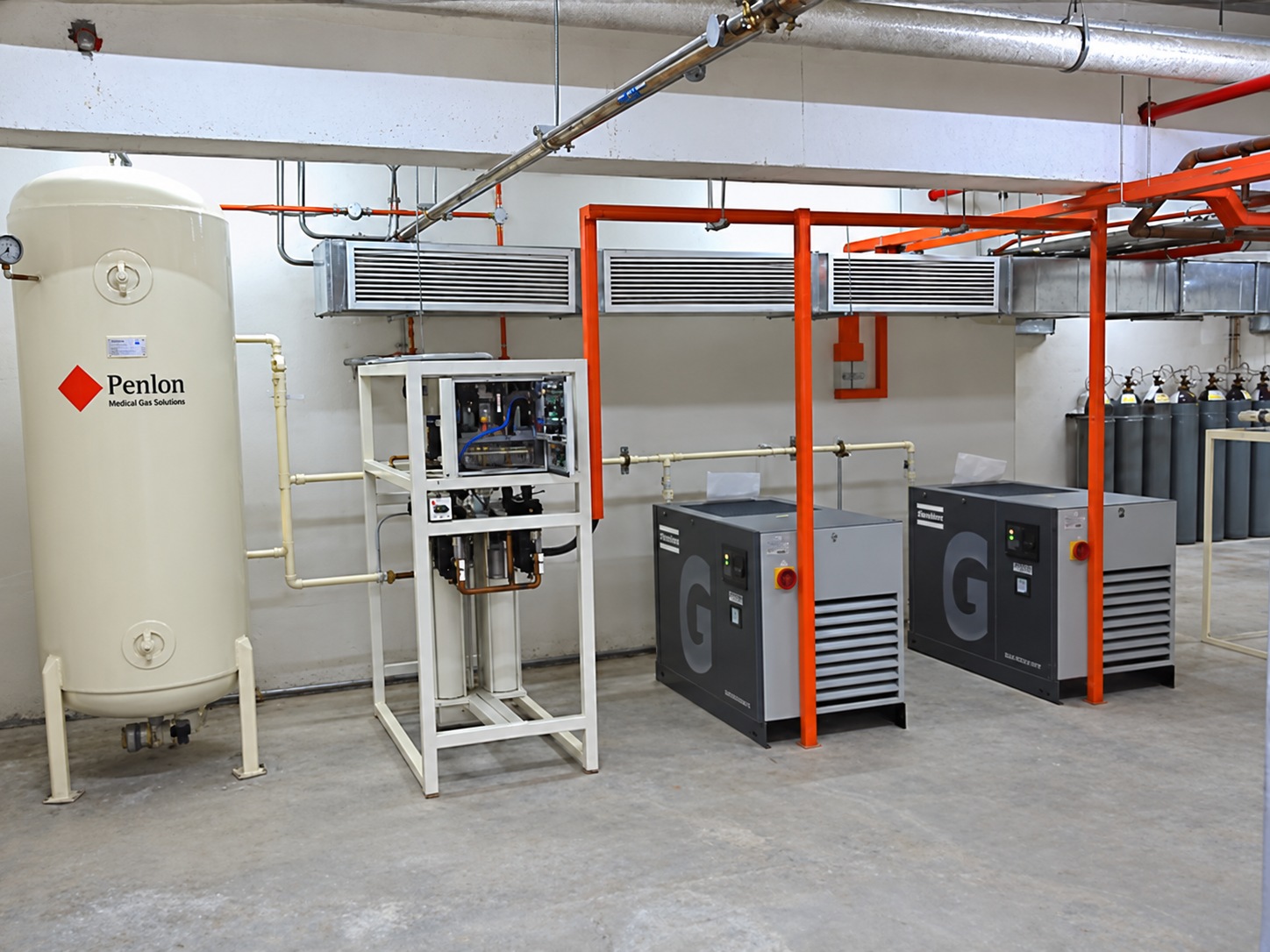 Enhanced gallery Photo 06 of the plant room installation, with Penlon tank, compressors and pipework